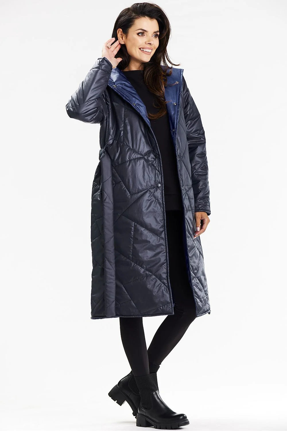 Manteau long à capuche Awama pour femmes, bleu marine, polyester 100%, doublure étoilée, fermeture boutons-pression, occasion quotidienne et hivernale
