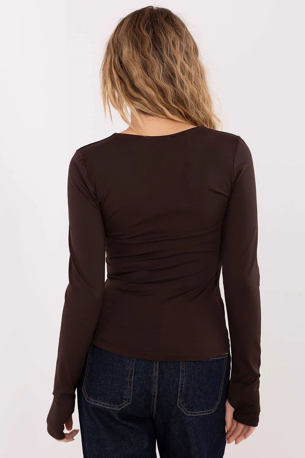 chemisier cachecoeur chocolat foncé manches longues encolure plongeante fronces souspoitrine trouspouces poignets allongés bonnets renforcés maintien stretch lisse