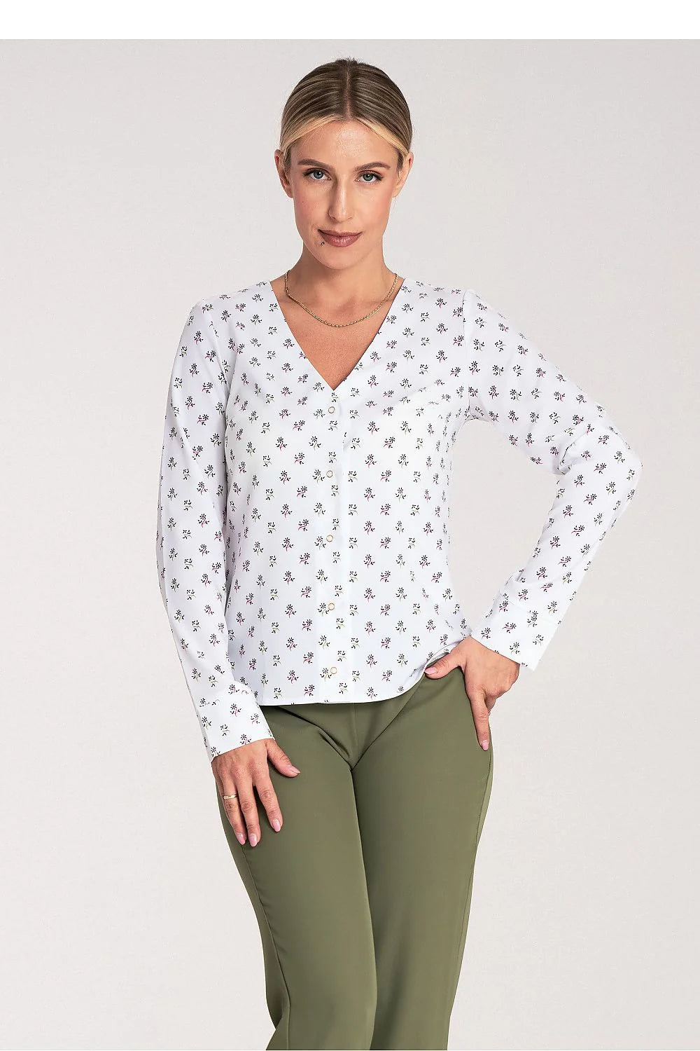 chemisier manches longues floral imprimé femme coupe ajustée col V boutonné léger fluide polyester élasthanne blanc bordeaux vert élégant bureau