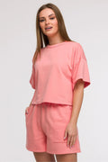 Ensemble mode femme t-shirt ample short taille haute rose saumon coton doux occasion été décontracté