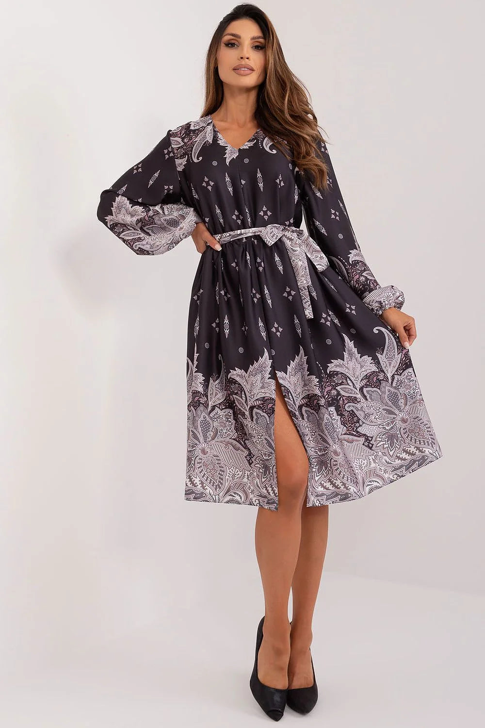 Robe de cocktail élégante semi-formelle motif Paisley gris anthracite manches longues encolure en V ceinture assortie polyester femme