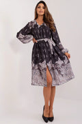 Robe de cocktail élégante semi-formelle motif Paisley gris anthracite manches longues encolure en V ceinture assortie polyester femme