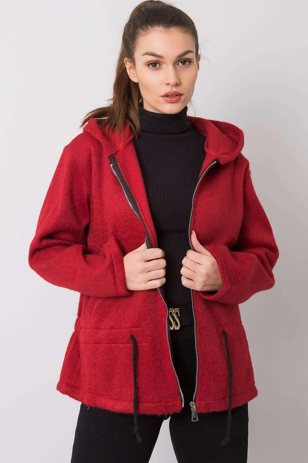 Manteau oversize laine polyester rouge vif capuche fermeture éclair chaud automne hiver pour femme
