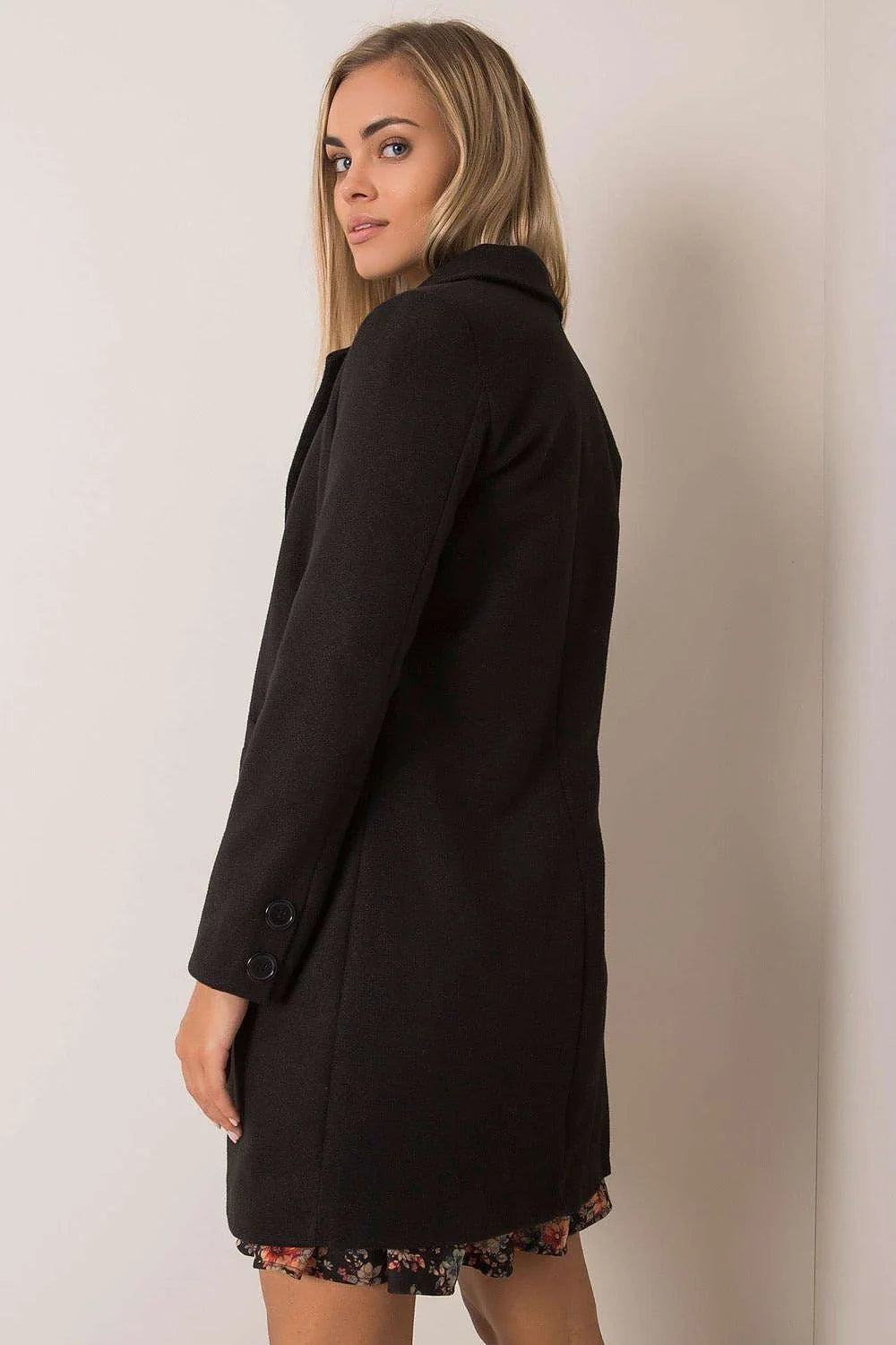 Manteau Och Bella élégant pour femme coupe droite col à revers noir matière dense manches longues poches latérales