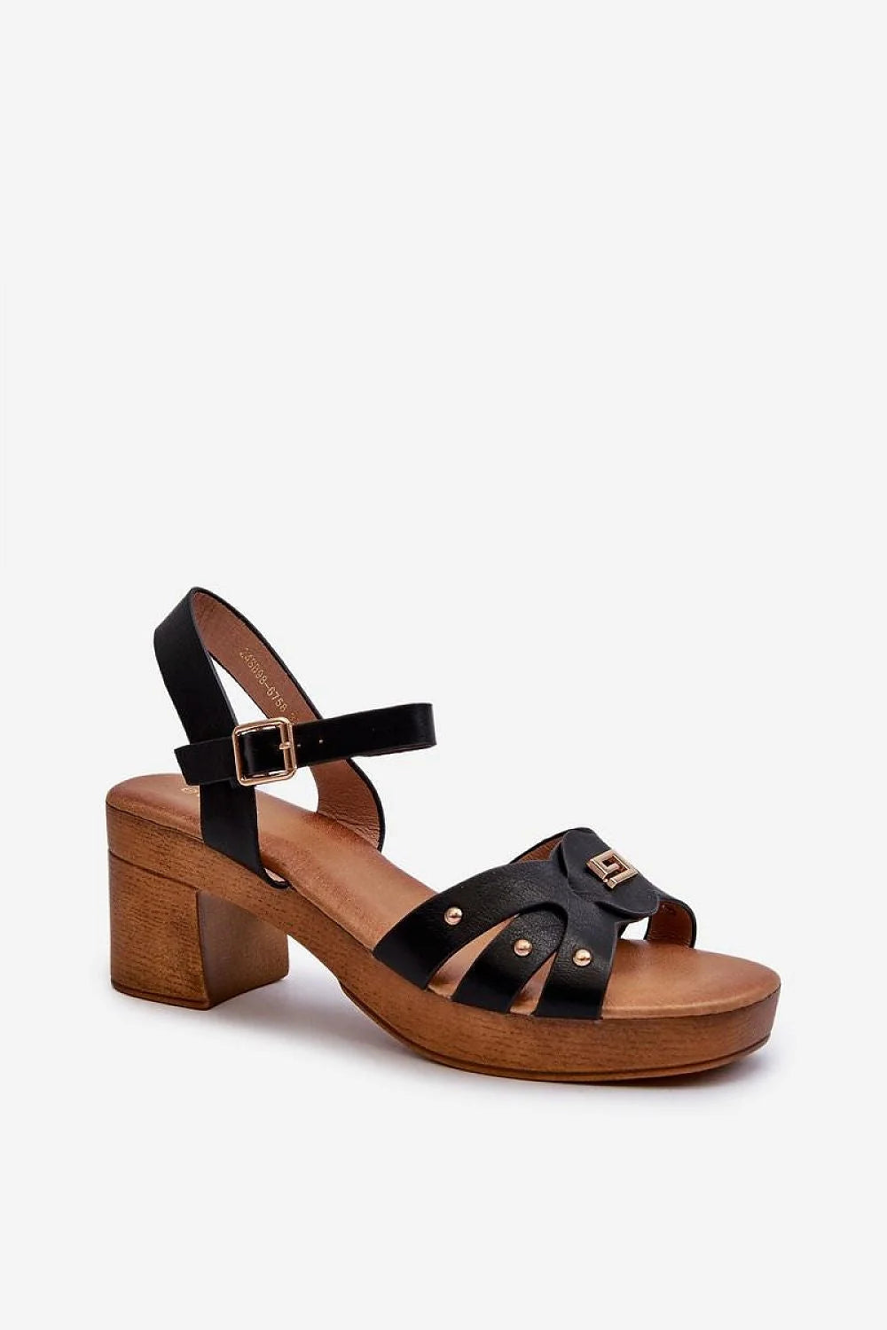 Sandales estivales élégantes à talon carré noir et semelle en bois, strap ajustable, finitions dorées, cuir synthétique, confort maximal pour femmes