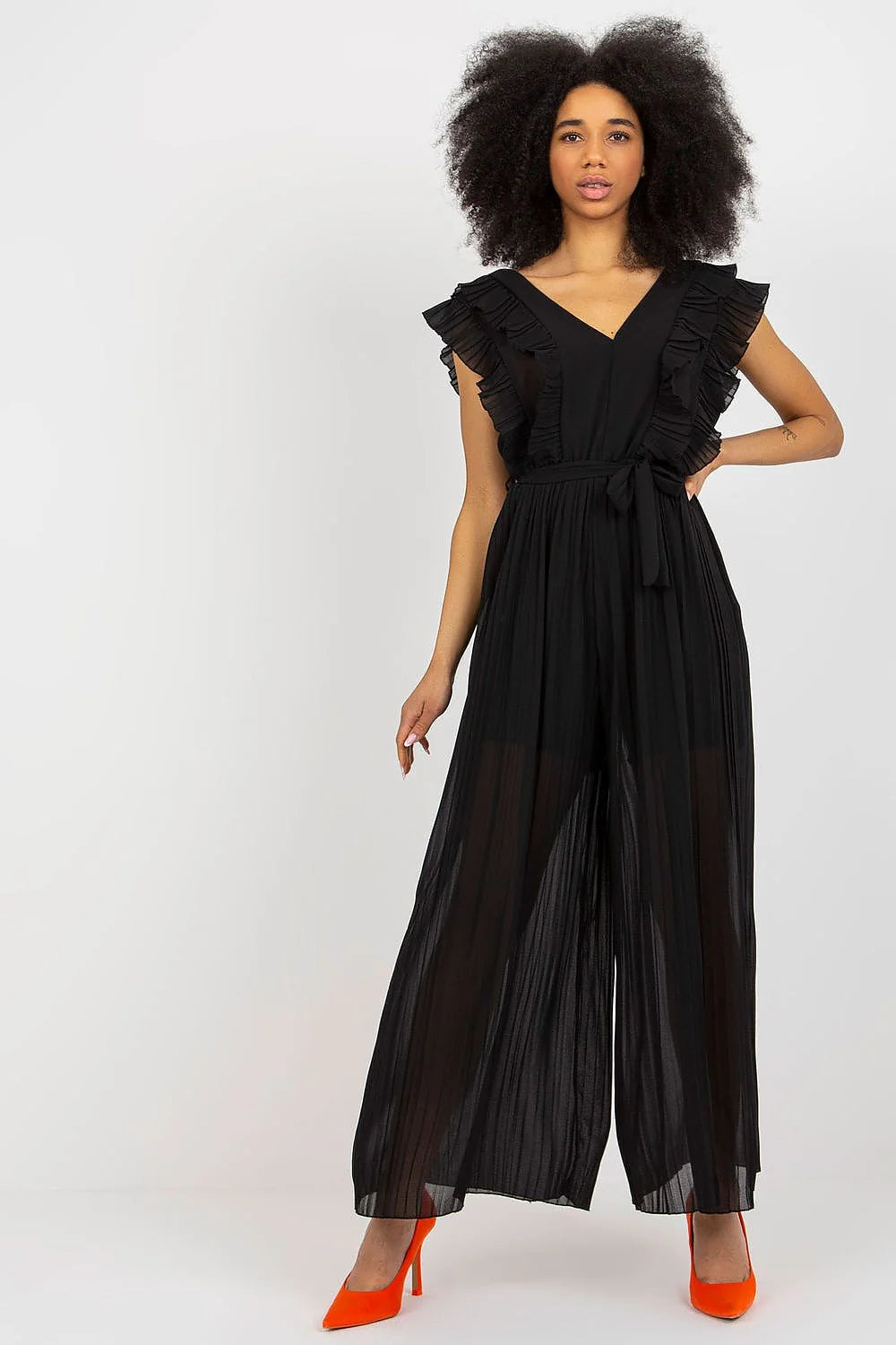 Combinaison Och Bella élégante sans manches volants épaules noire décolleté V ceinture ajustable femme polyester viscose