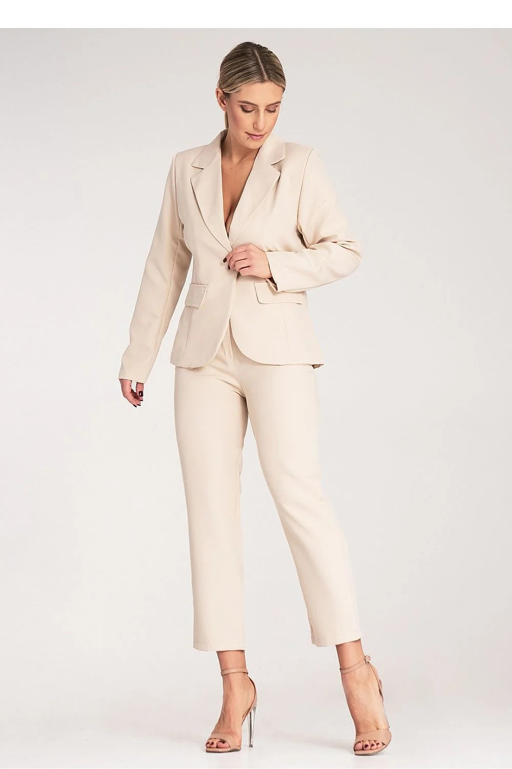 Tailleur-pantalon féminin élégant beige clair coupe cintrée blazer pantalon taille haute polyester elasthanne