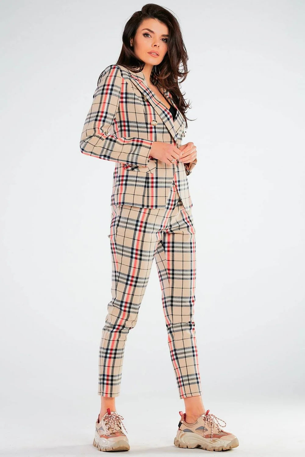 pantalon femme taille ajustable coupe ajustée cigarette cheville motifs carreaux beige marron noir tissu structuré confortable extensible polyester viscose élasthanne