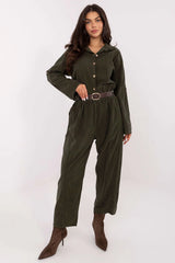 combinaison pantalon femme kaki taille haute ceinture boucle dorée poches latérales arrière velours côtelé jambes larges longueur cheville décontractée chic