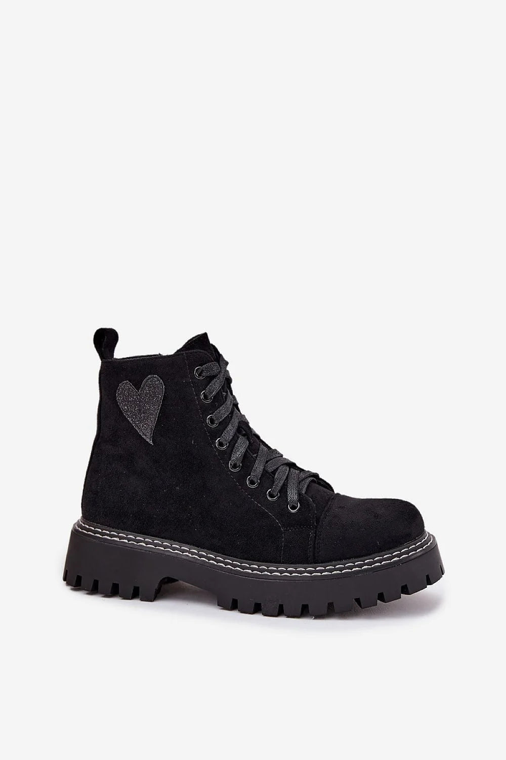bottines femme suédine écologique noir rangers cheville zip latéral lacets œillets métalliques semelle crantée plateforme patch cœur pailleté