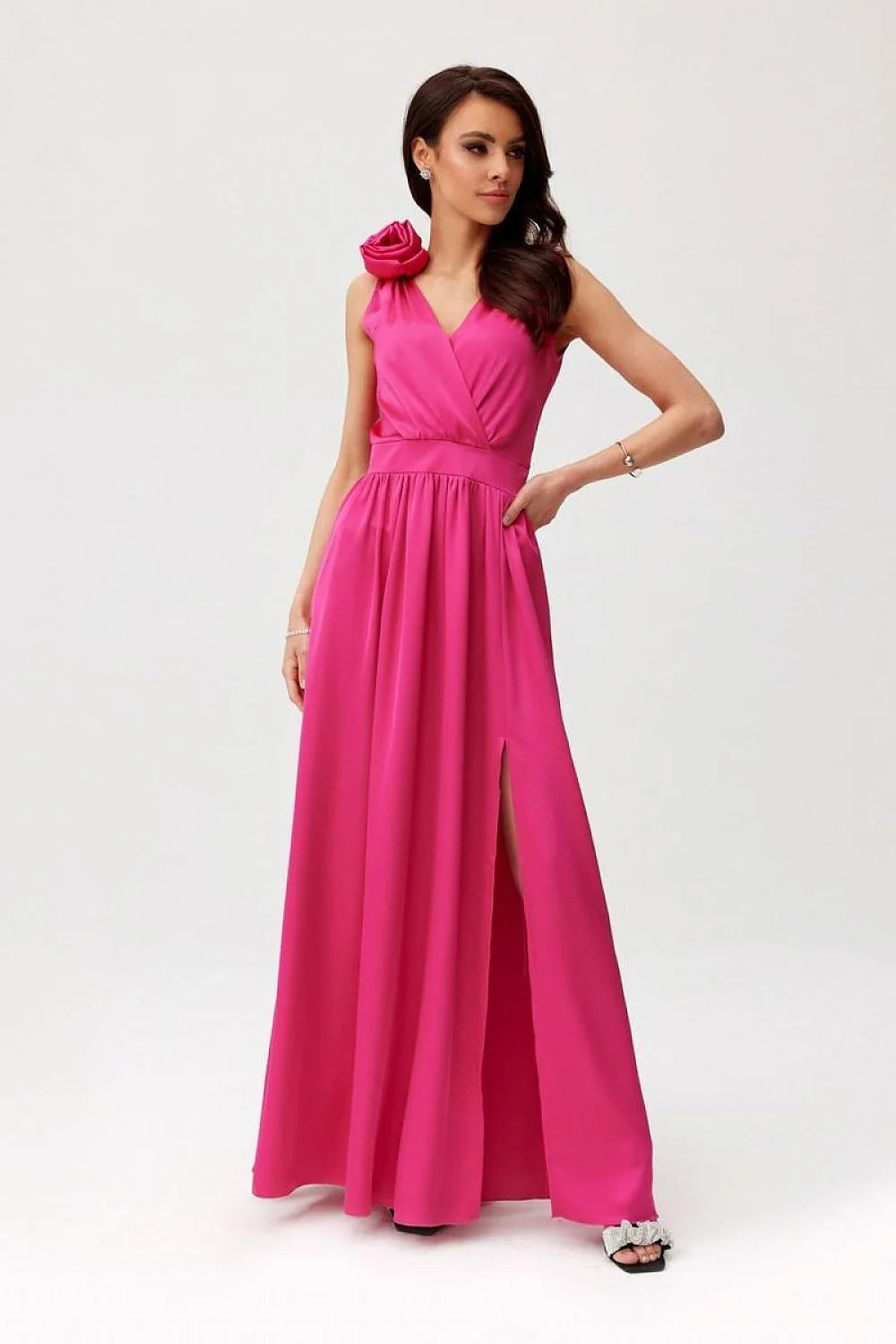 Robe de soirée élégante longue fuchsia sans manches en V décolleté dos nu floral femme