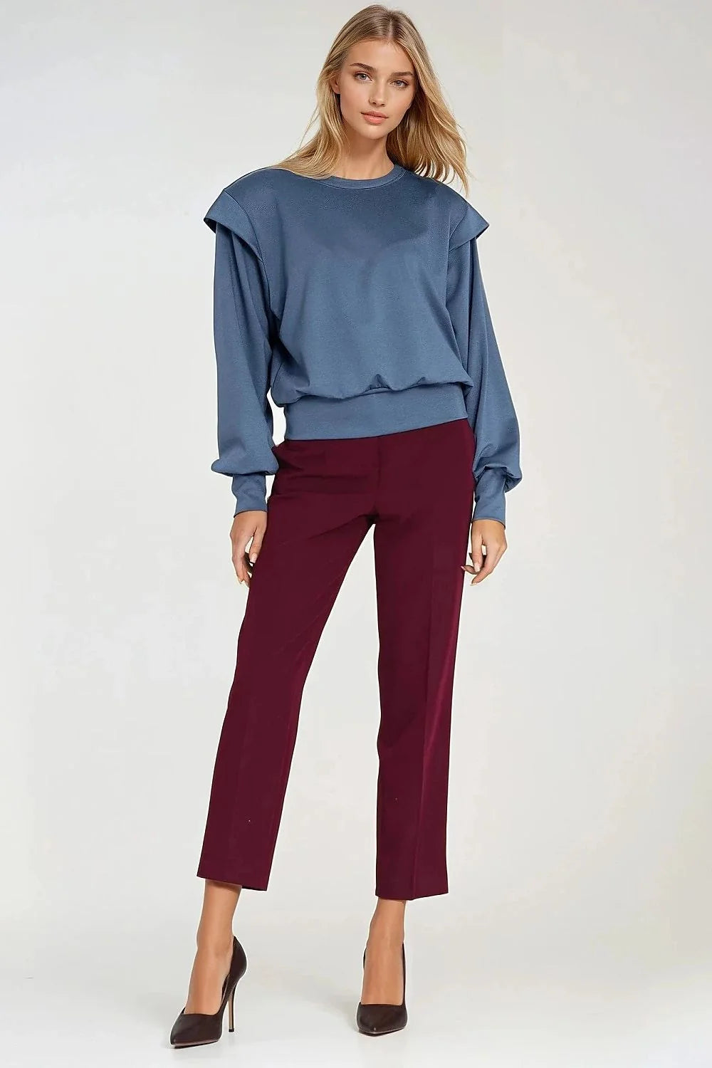 sweatshirt oversize femme bleu acier col rond manches longues épaules structurées coussinets manches bouffantes poignets larges bande serrée crêpe polyester
