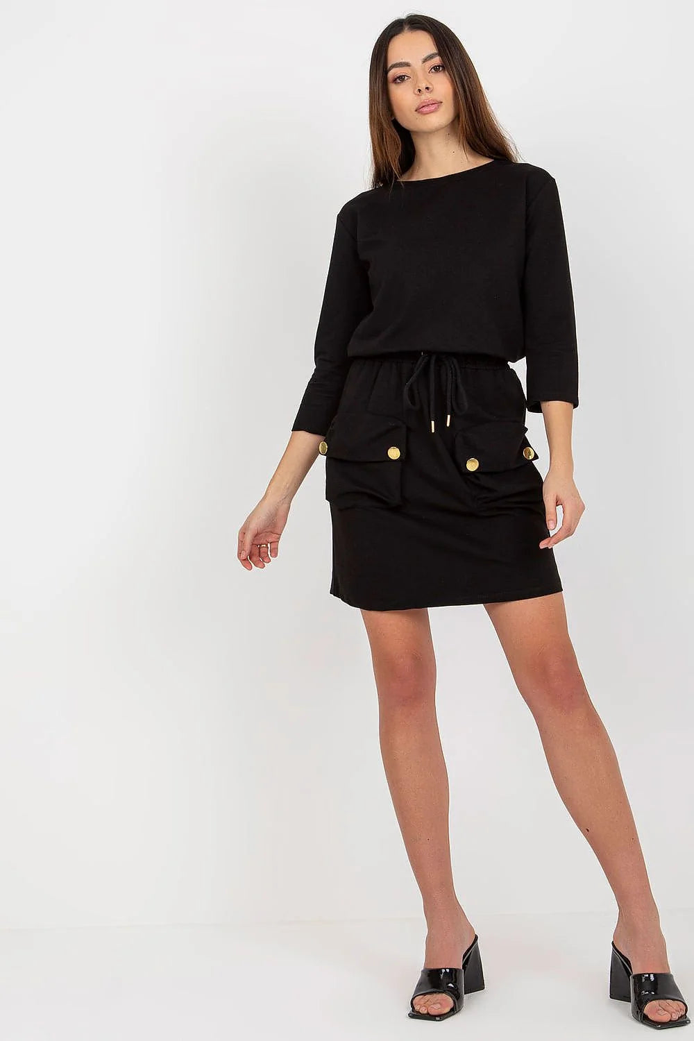 Robe de jour Och Bella moderne manches 3/4 couleur fuchsia poches intégrées ceinture dorée femme