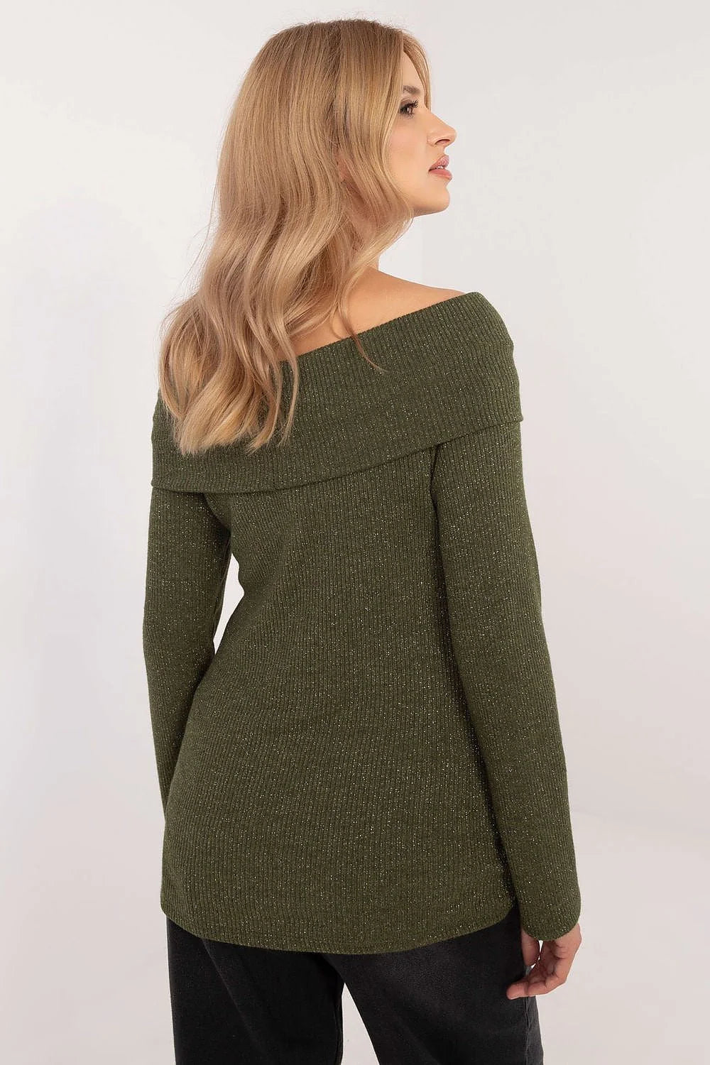 pull femme Bardot épaules dénudées manches longues vert olive côtelée métallisé scintillant viscose élasthanne extensible ajusté ourlet simple col large