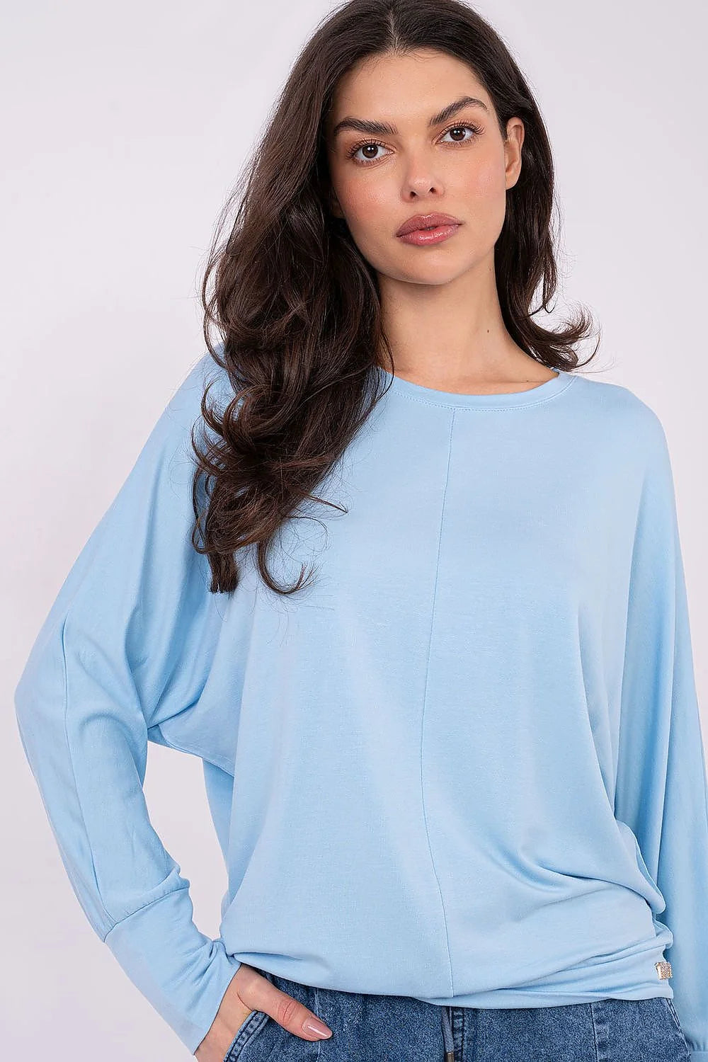 chemisier femme bleu ciel oversized jersey doux modal élasthanne manches longues dolman encolure ronde fluide ample minimaliste patch