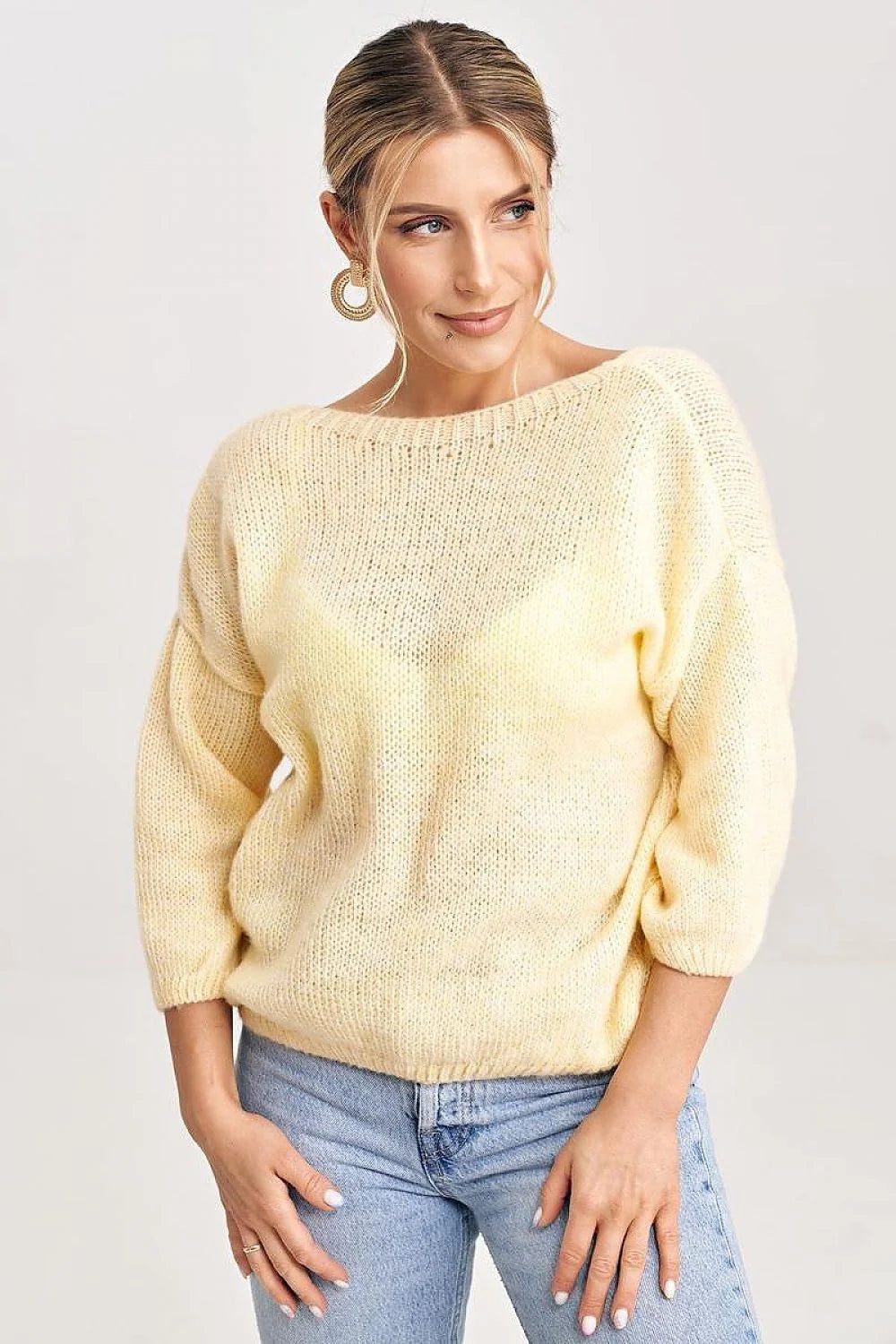 chandail Figl femme oversize jaune pâle maille duveteuse mohair léger manches troisquarts épaules tombantes encolure bateau bordures côtelées superposable chic