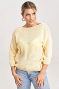 chandail Figl femme oversize jaune pâle maille duveteuse mohair léger manches troisquarts épaules tombantes encolure bateau bordures côtelées superposable chic