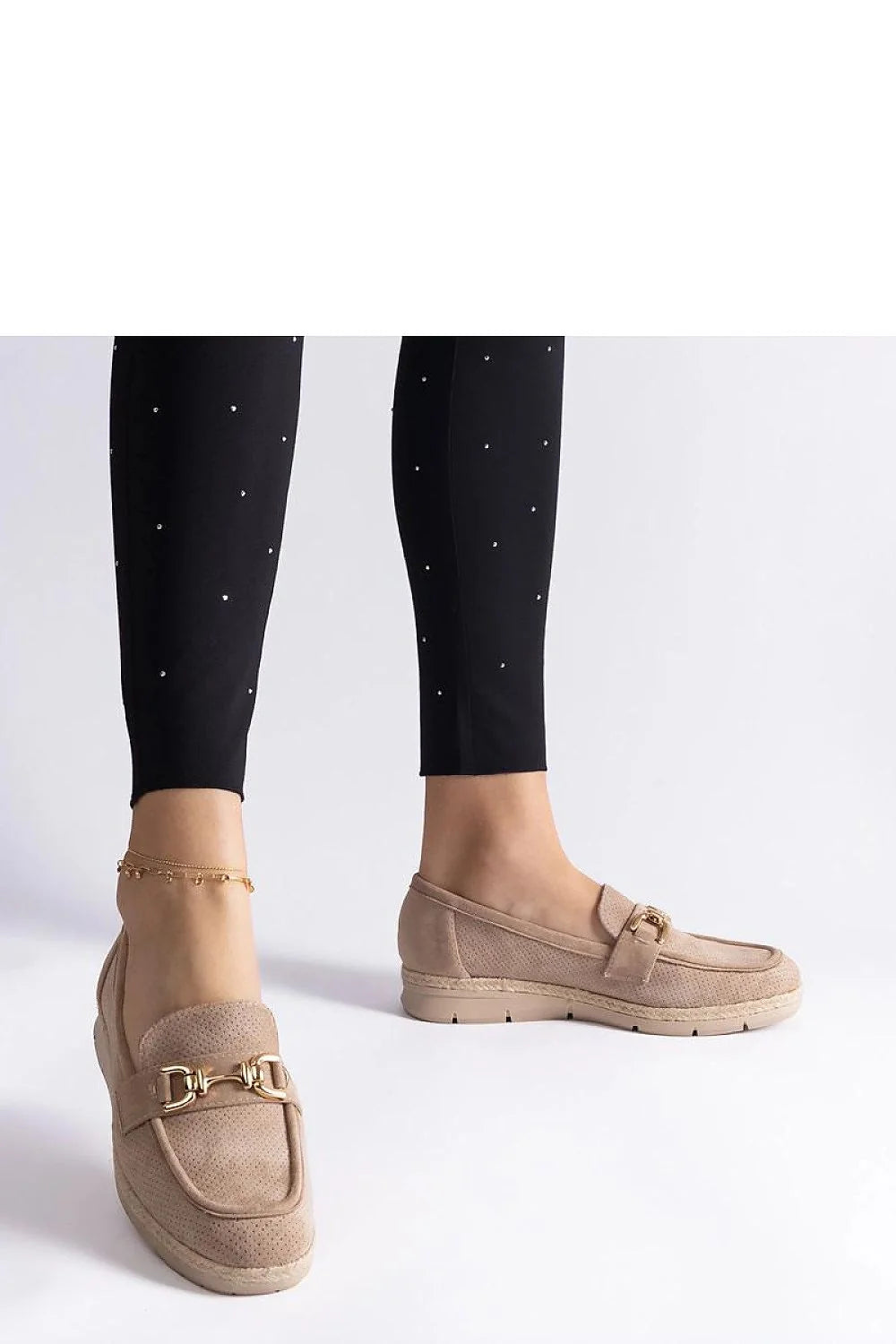 moccasins Solea femmes beige suédine semelle compensée crantée dorée mors métallique bout arrondi cousu rembourré confortable polyvalent élégant