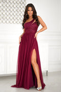 Robe longue élégante Bicotone en mousseline bordeaux sequins fente haute décolleté asymétrique dos nu mariage gala