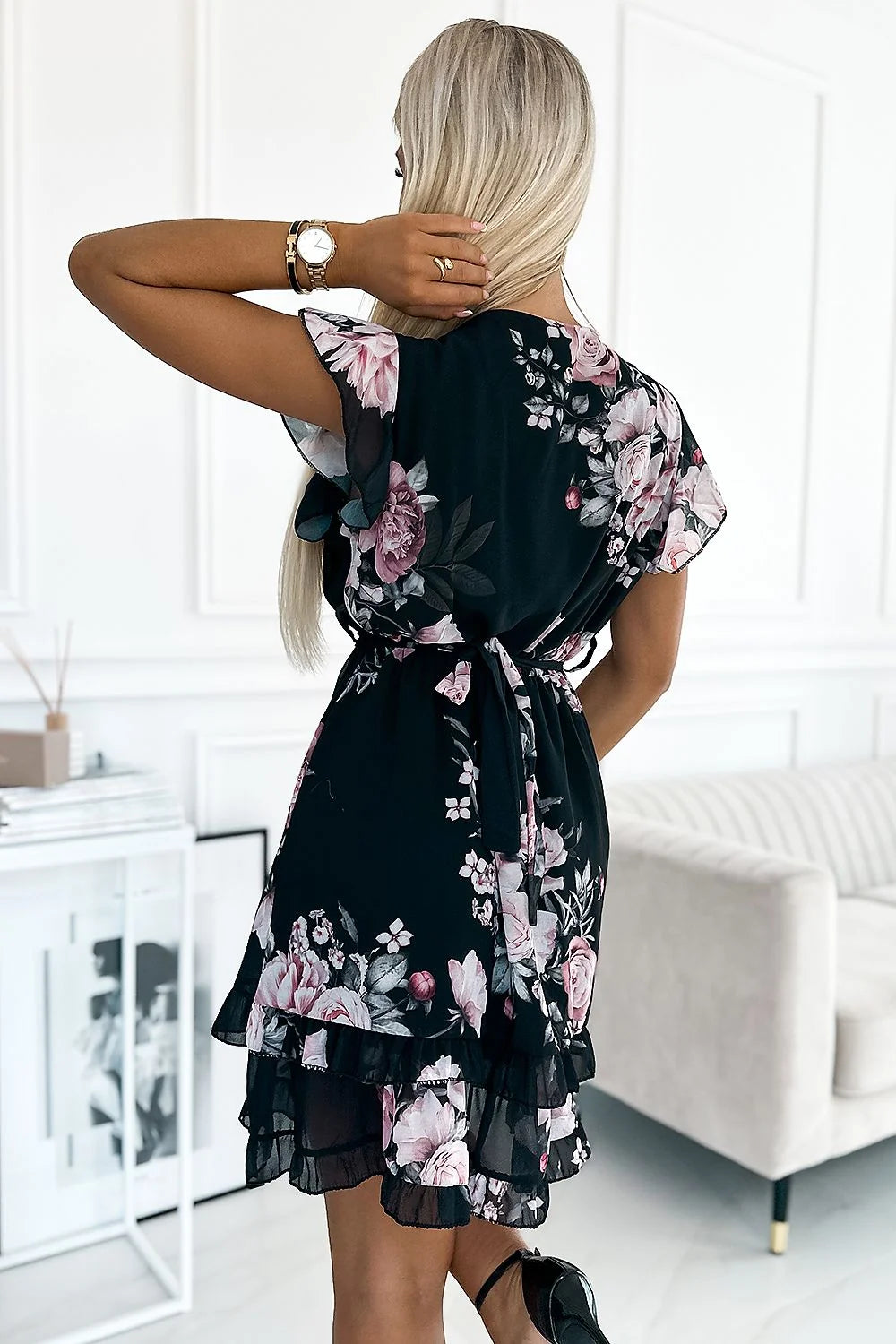 Robe de cocktail Numoco moderne chic motif floral rose pâle manches courtes ceinture ajustable polyester 100 %