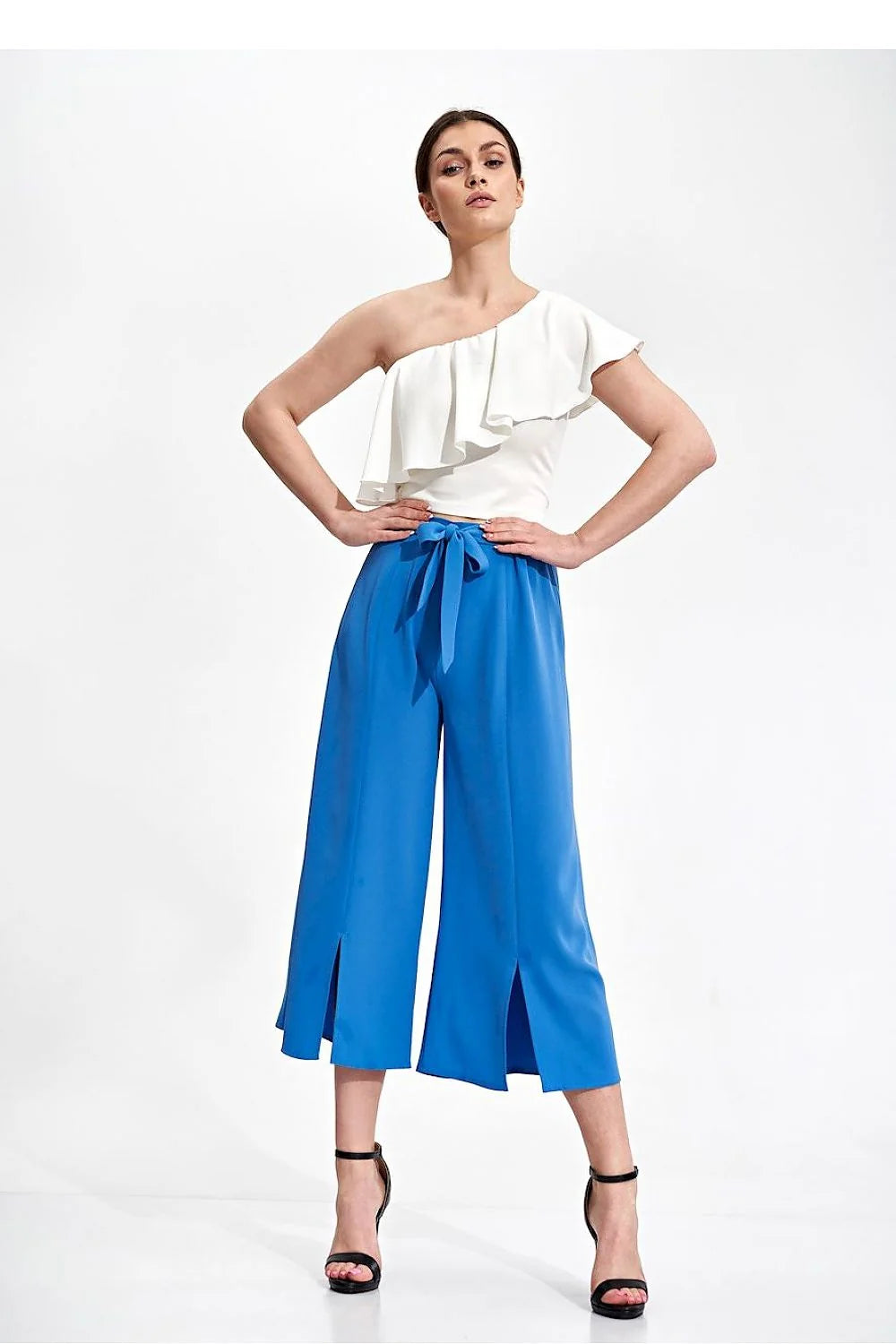 Pantalon femme Figl asymétrique culotte vert vif ceinture nouée coupe ample polyester 100% taille ajustable occasion élégante