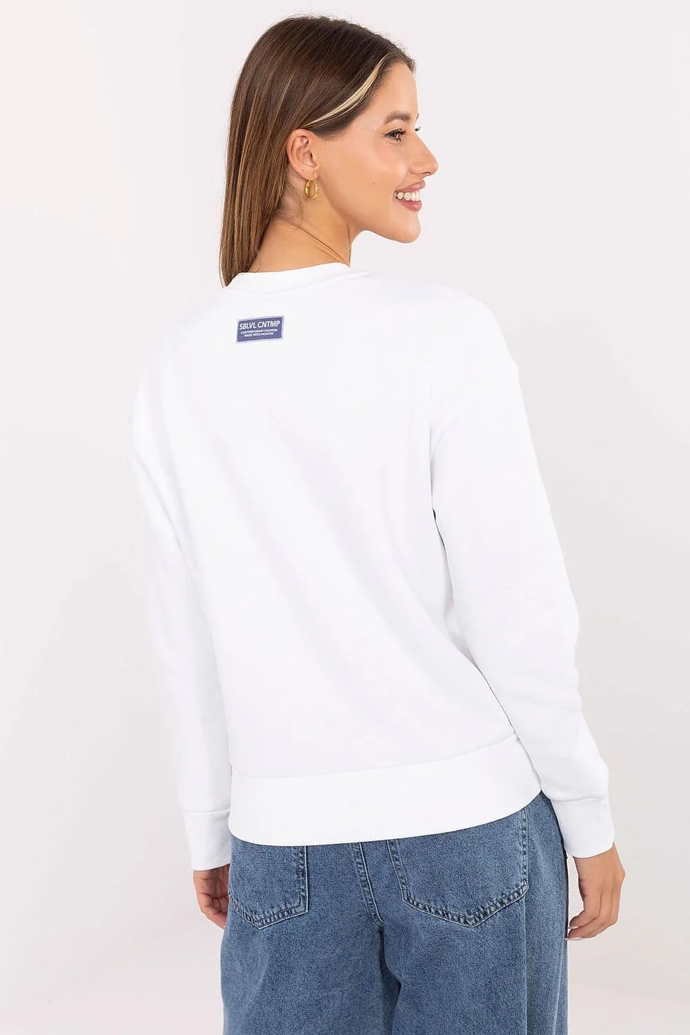sweatshirt femme col rond blanc molleton coton coupe relaxed manches longues poignets côtelés ourlet brodé slogan good mood club bleu