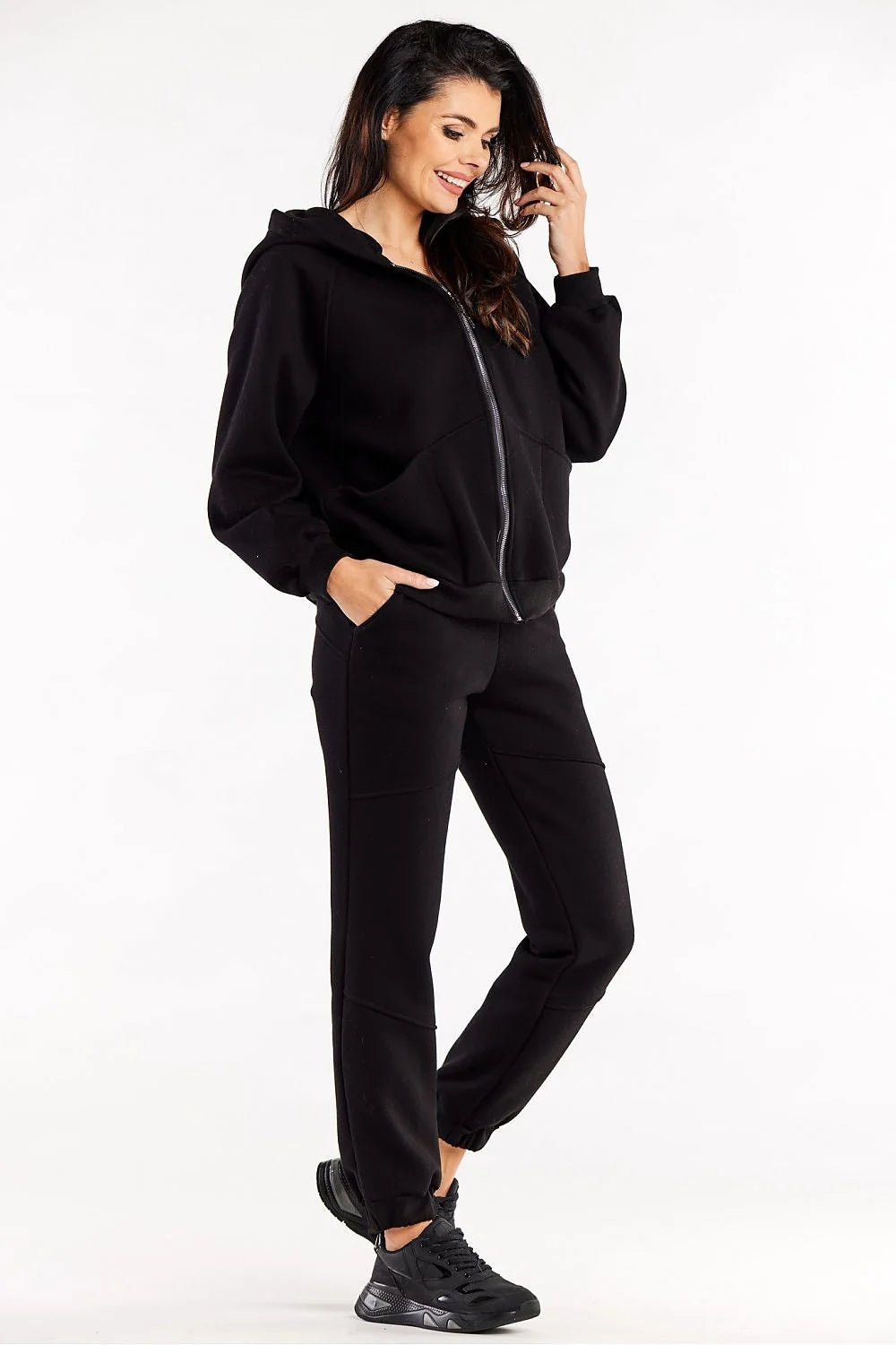Survêtement complet moderne minimaliste noir pour femme, pantalon ample élastique, sweat à capuche, confort optimal, style décontracté, occasion sport et quotidienne
