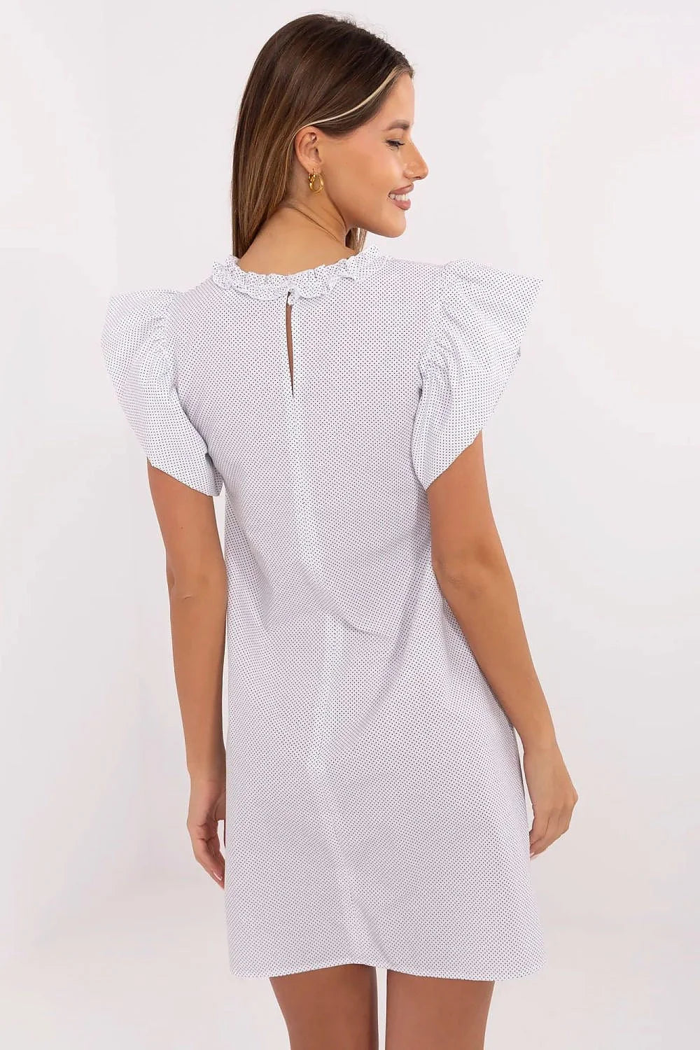 Robe de jour féminine en coton léger style évasé manches courtes volants motifs petits pois blanc noir taille ajustable femme
