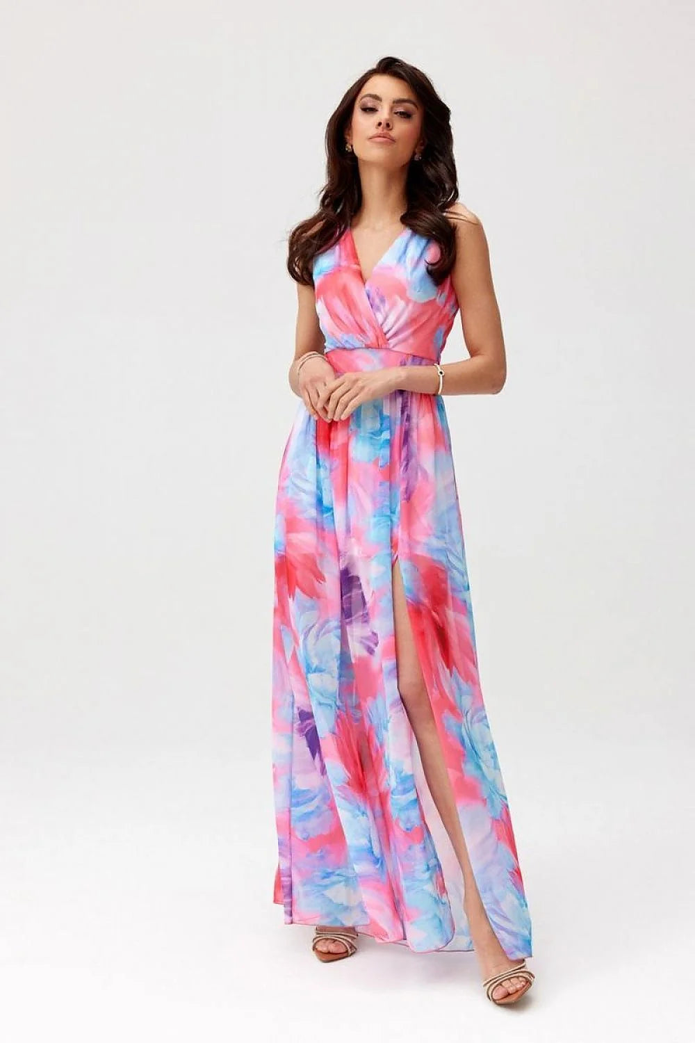 Robe longue pour femme design floral coloré coupe fluide sans manches fente devant occasion estivale