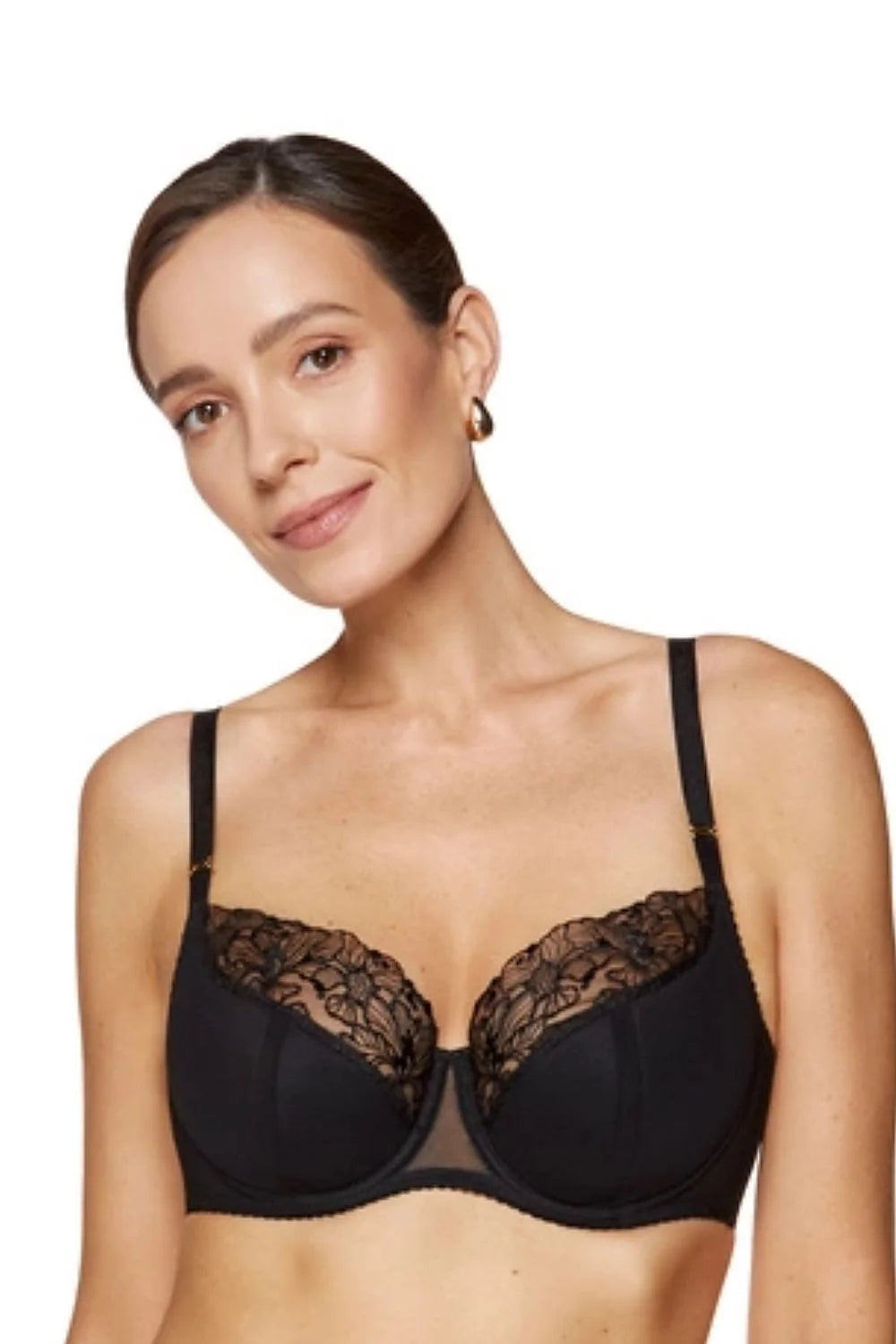 soutiengorge demiarmature balconnet noir broderie florale tulle mousse corseterie doublure coton oekotex détails dorés baleines verticales bretelles réglables microfibre satin