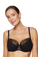 soutiengorge demiarmature balconnet noir broderie florale tulle mousse corseterie doublure coton oekotex détails dorés baleines verticales bretelles réglables microfibre satin