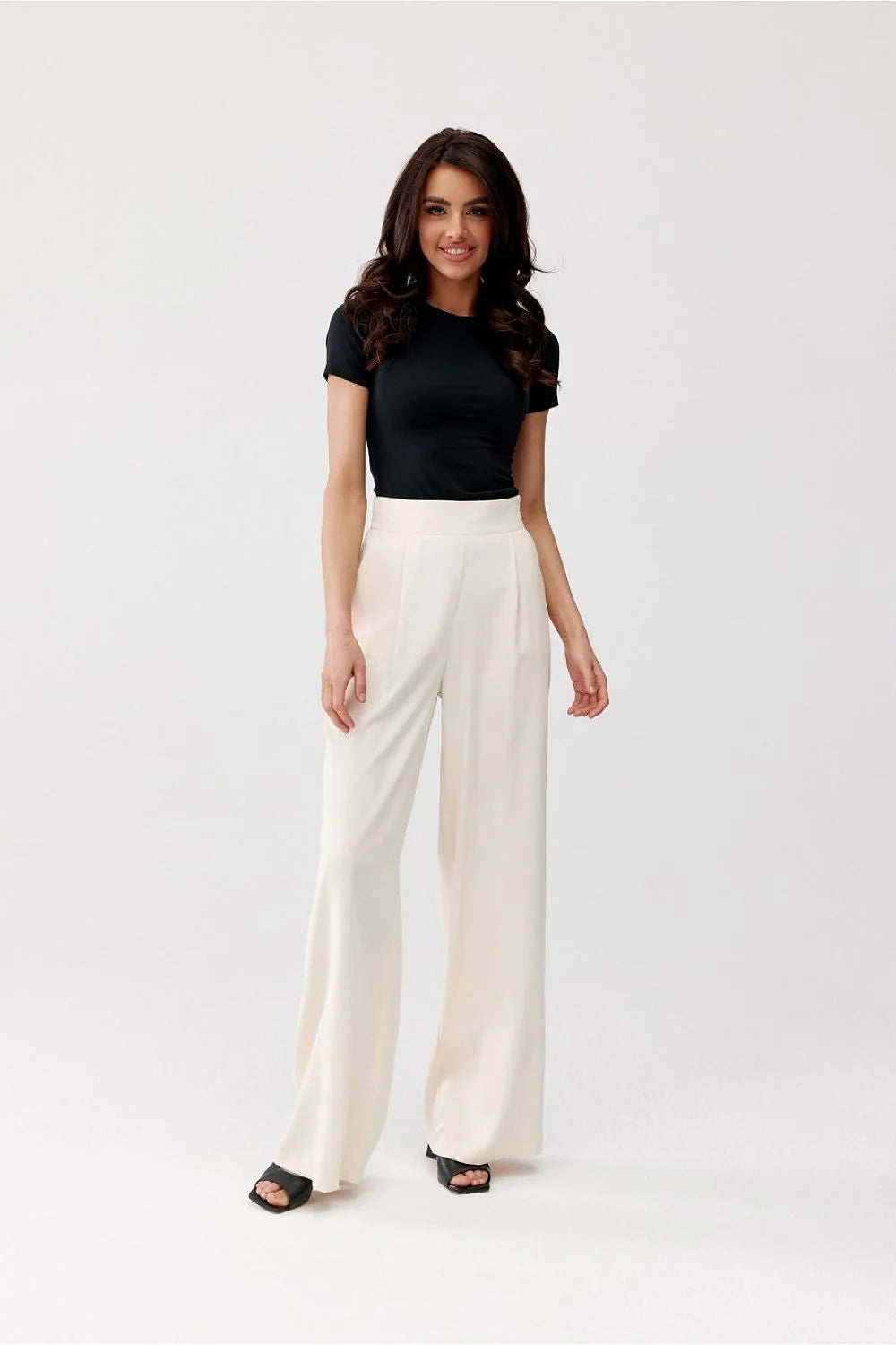 Pantalon femme bohème chic coupe fluide large taille haute poches latérales fermeture éclair beige clair