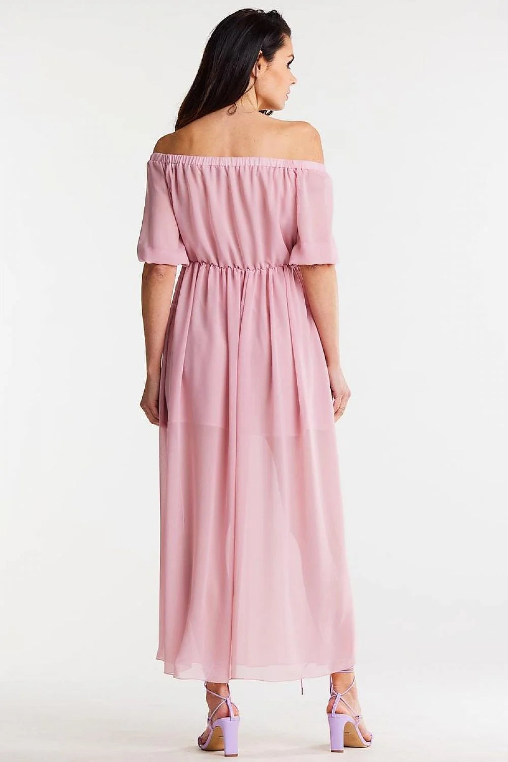 Robe de jour élégante longue manches courtes en mousseline rose pastel Bardot encolure élastique taille ajustable pour femme