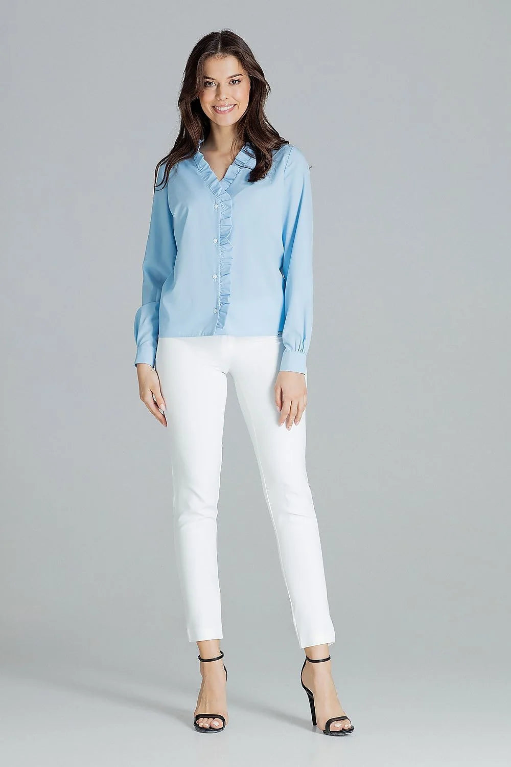 chemisier blanc manches longues col V volants boutonnage central popeline léger fluide coupe ajustée romantique polyvalent élégant féminin bureau casual