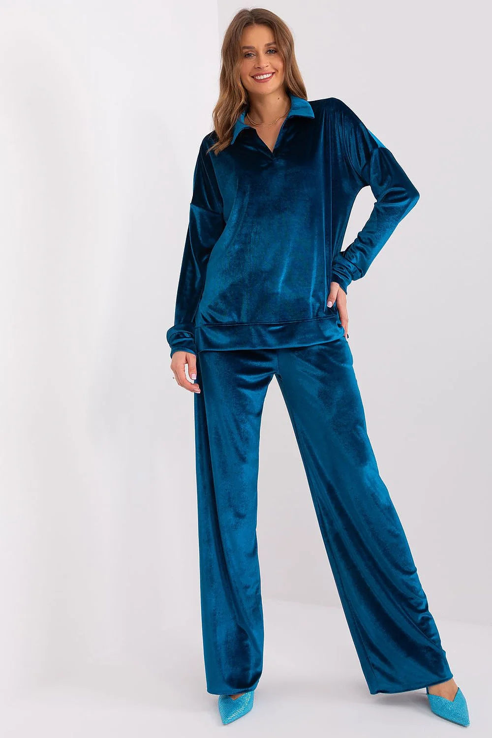 Ensemble Lakerta velours bleu sarcelle femme style décontracté chic haut ample manches longues pantalon évasé taille élastique
