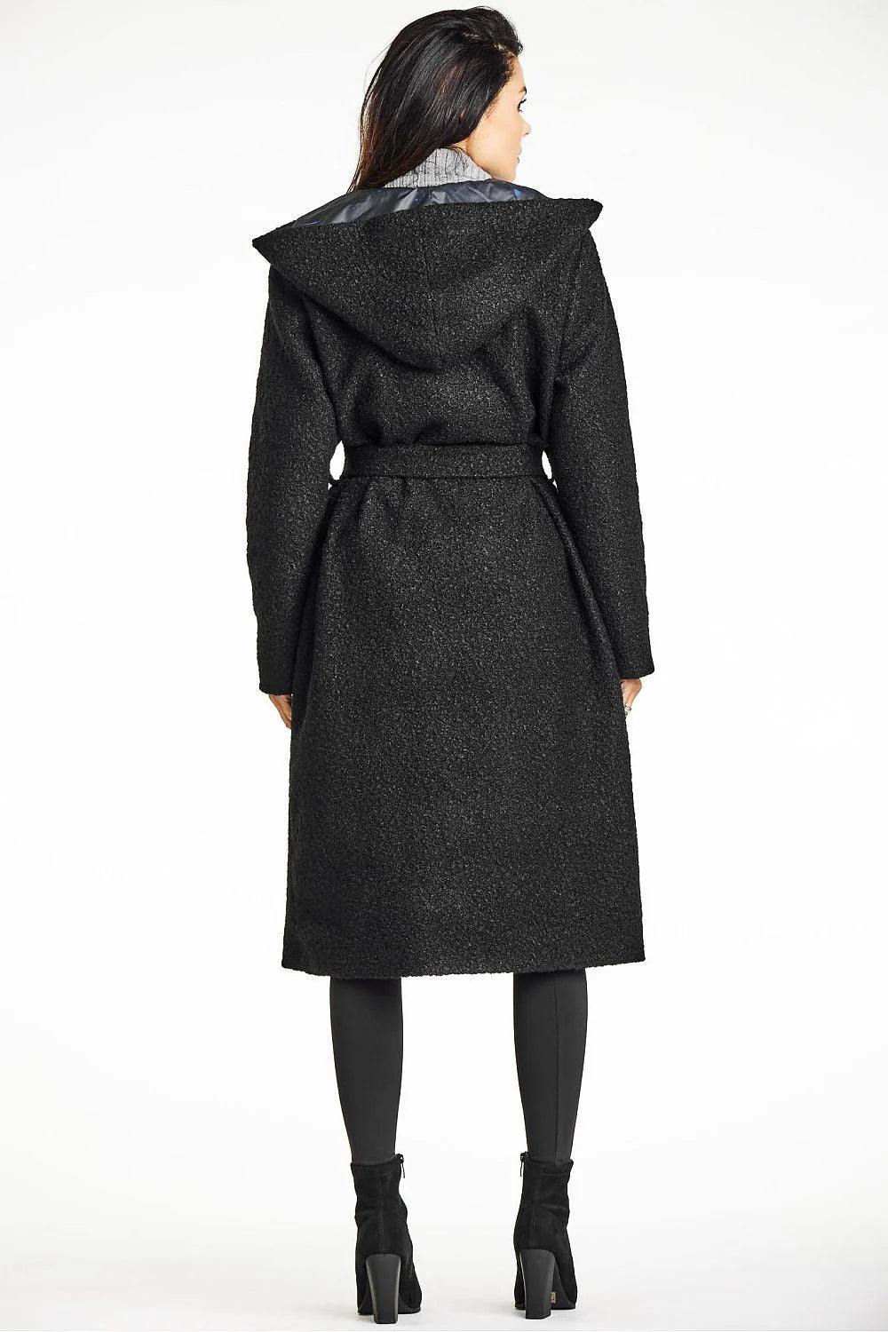 Manteau élégant long pour femme en tissu texturé noir avec capuche et col châle doublure satinée Awama