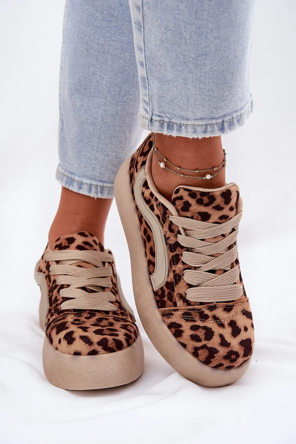 Chaussures de sport féminines baskets motif léopard suède écologique confort plateforme semelle épaisse beige