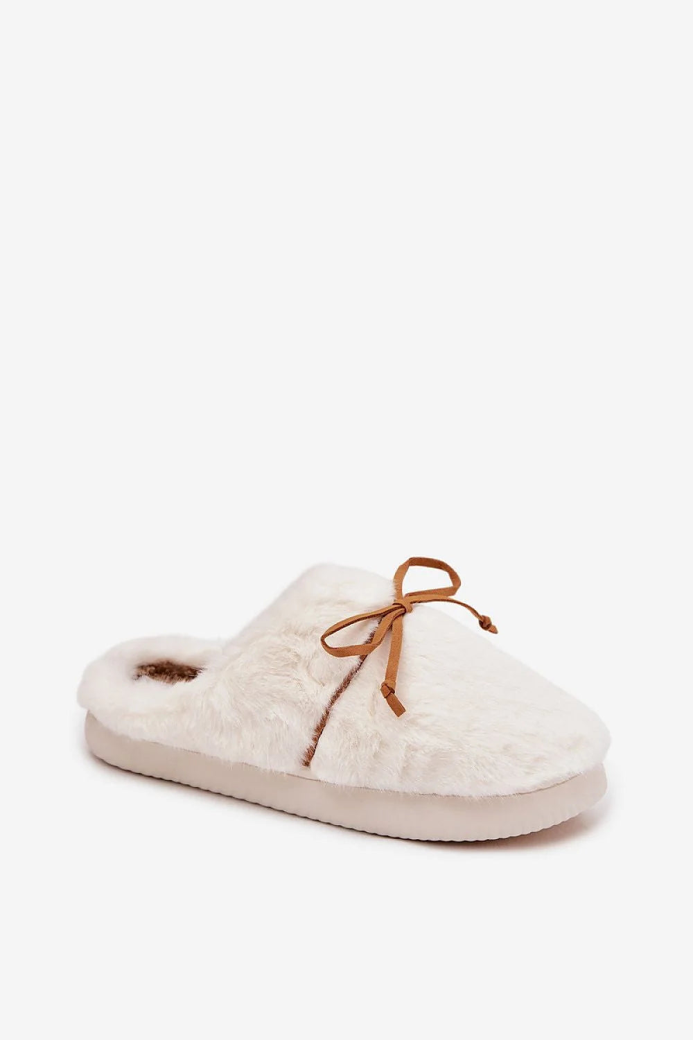 chaussons mules intérieur femme fausse fourrure crème doublure pelucheuse semelle épaisse antidérapante confort thermique noeud similicuir brun moelleux