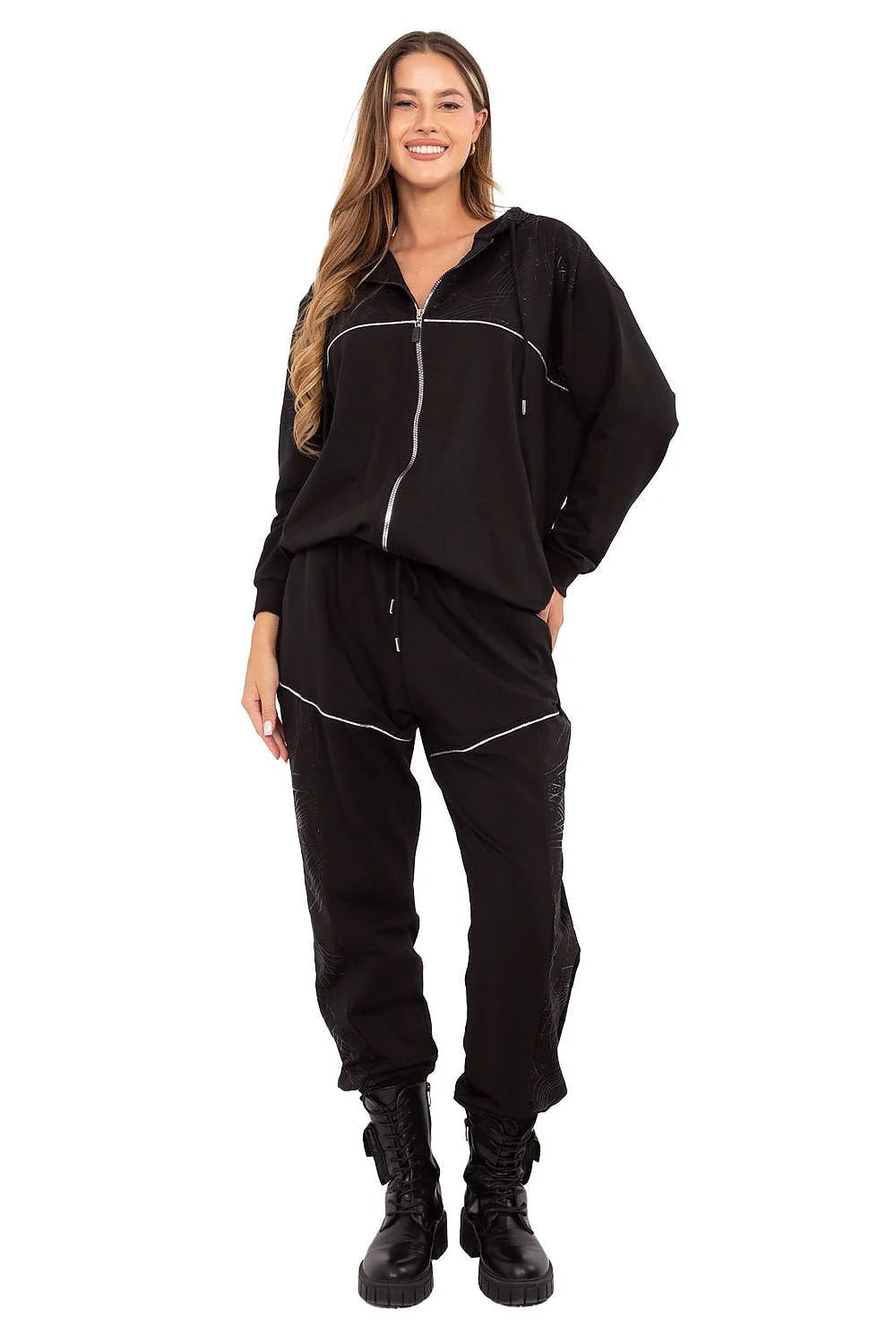 survêtement femme deux pièces veste zippée capuche pantalon jogger noir oversize décontracté zip apparent cordon taillehaute surpiqûre blanche contrastante