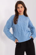 Pull maille torsadée femmes style intemporel couleur bleu clair manches longues col rond finitions côtelées