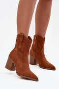 bottines cowboy femme suédine écologique cognac bout pointu tige cheville talon colonne massif maintien confort semelle tissu surpiqûres galon tressé