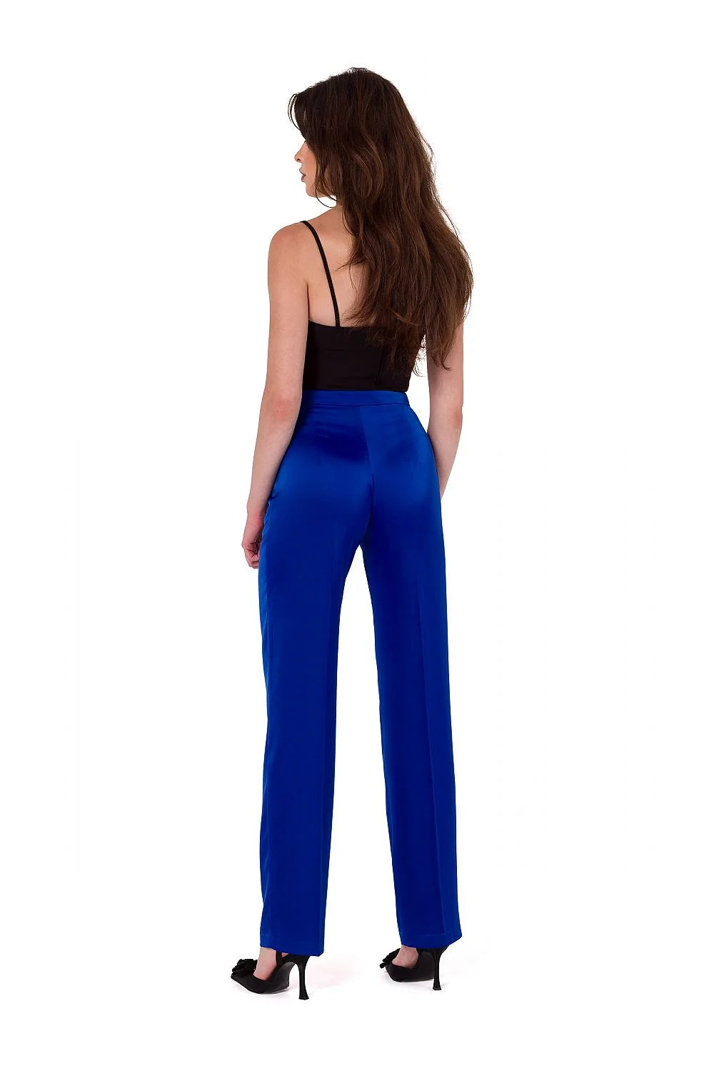 Pantalon femme en satin droit bleu cobalt taille haute coupe fluide Makover fabrication Pologne