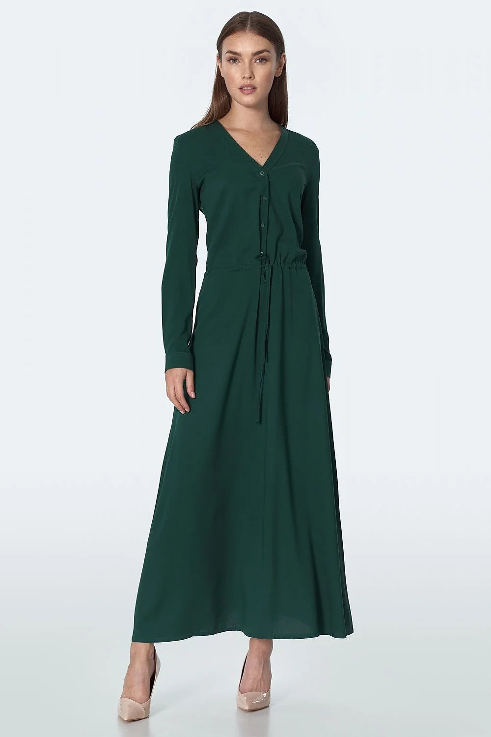 robe soirée longue manches longues vert sapin viscose fluide tombé mat boutonnée frontale ceinture intégrée taille cintrée élégante raffinée glamour