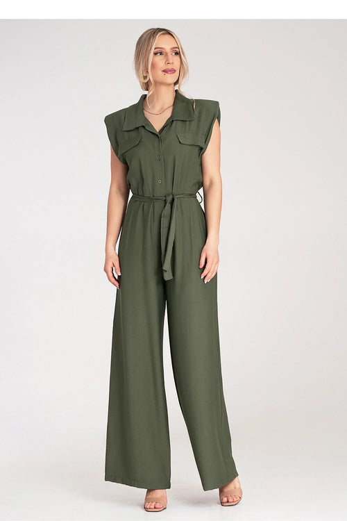 Combinaison sans manches vert olive femme style utilitaire élégant coupe longue ample ceinture tissu léger respirant viscose 100 %