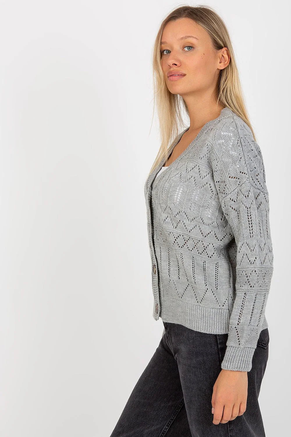 cardigan femme maille ajourée pointelle ivoire gilet boutonné colV coupe relaxed oversize tricot léger bordures côtelées boutons écaille