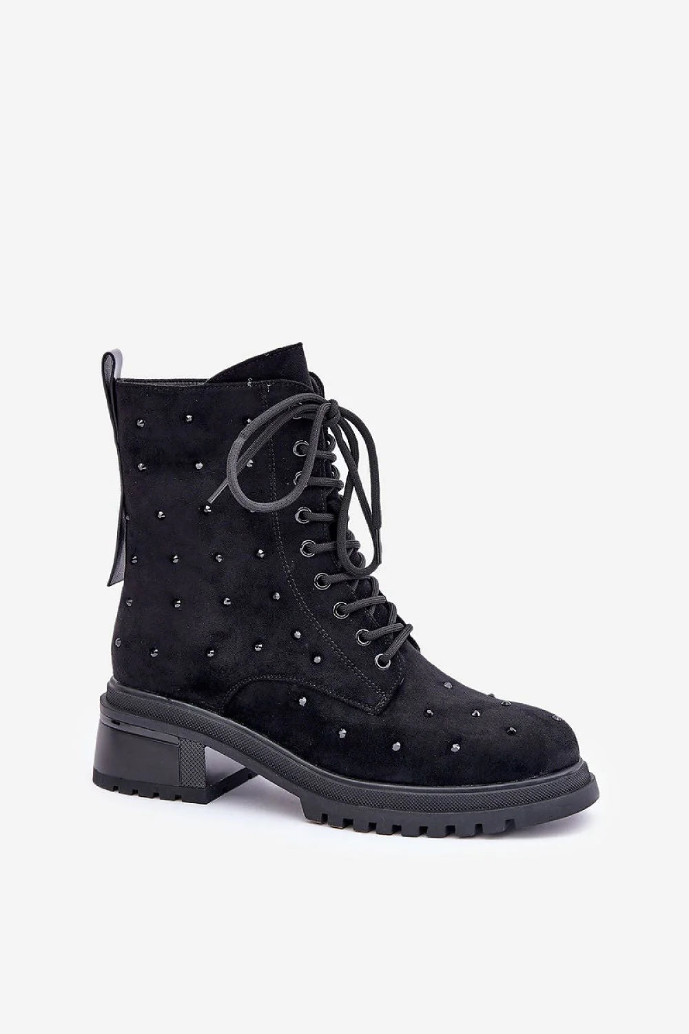 Bottines femmes design moderne élégant cuir suédé écologique détails clous métalliques fermeture éclair et lacets talon plat polyvalent automne-hiver