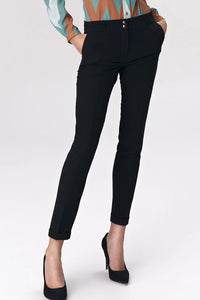 pantalon femme noir cigarette slim taille mi haute tailleur tissu lisse structuré fermeture boutons pression poches italiennes ourlets retroussés cheville