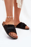 Sandales pour femmes style décontracté en daim noir semelle liège confortable ajustables occasion estivale