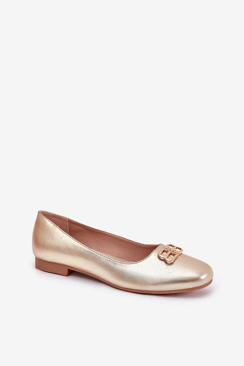 ballerines dorées métallisées cuir synthétique brillant bout rond silhouette effilée semelle basse plate confortables boucle décorative chic minimaliste