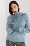Gants élégants pour femmes en suède ou cuir doux bleu style hivernal motif tricoté sweater assorti